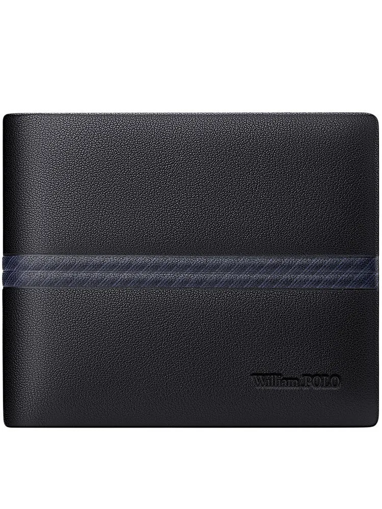 Men's slim leather wallet showing anti-theft card slot and letter pattern detail