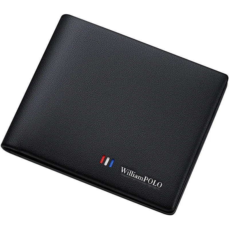 Men's slim leather wallet showing anti-theft card slot and letter pattern detail