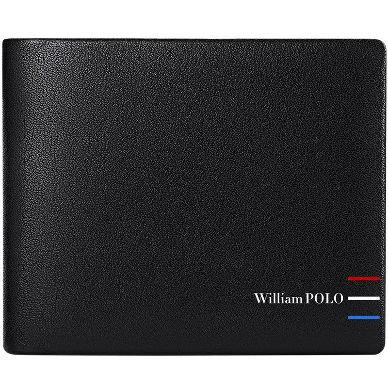 Men's slim leather wallet showing anti-theft card slot and letter pattern detail