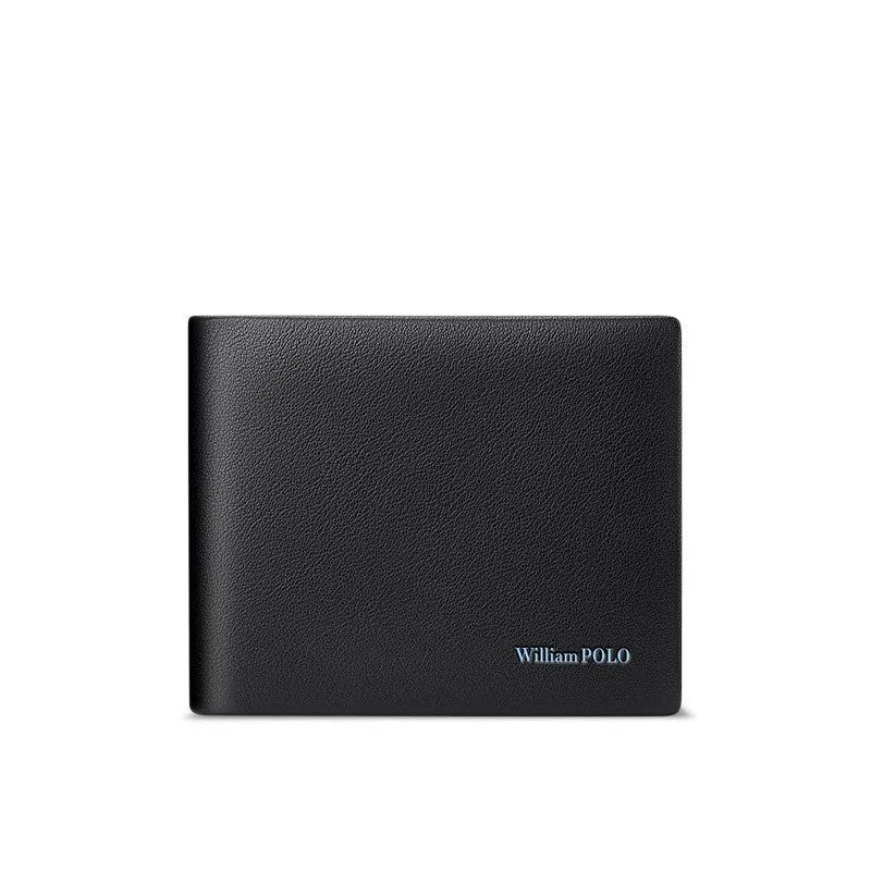 Men's slim leather wallet showing anti-theft card slot and letter pattern detail