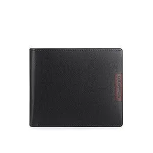 Men's slim leather wallet showing anti-theft card slot and letter pattern detail