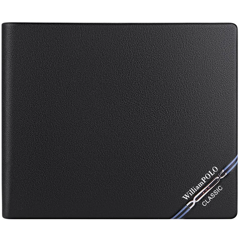 Men's slim leather wallet showing anti-theft card slot and letter pattern detail
