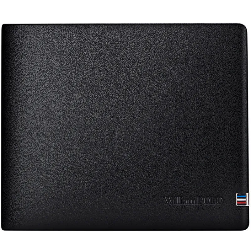 Men's slim leather wallet showing anti-theft card slot and letter pattern detail