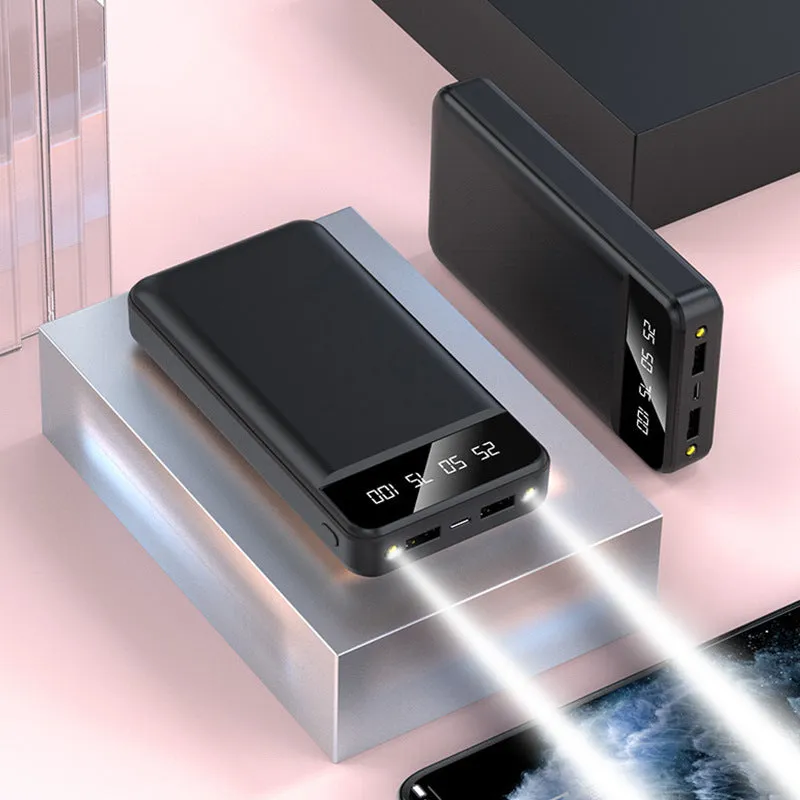 20000 mAh polymer power bank in black, white, pink, or blue colours, showing multiple USB ports and compact size.