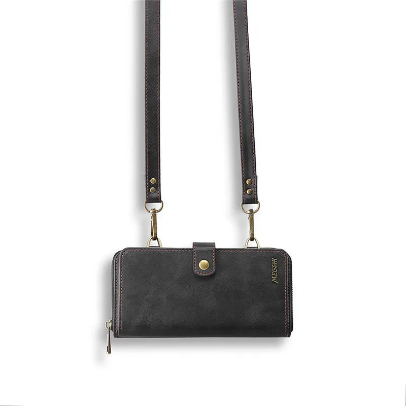 Detachable wallet backpack phone case with leather flip closure in black, blue, brown, or red colours