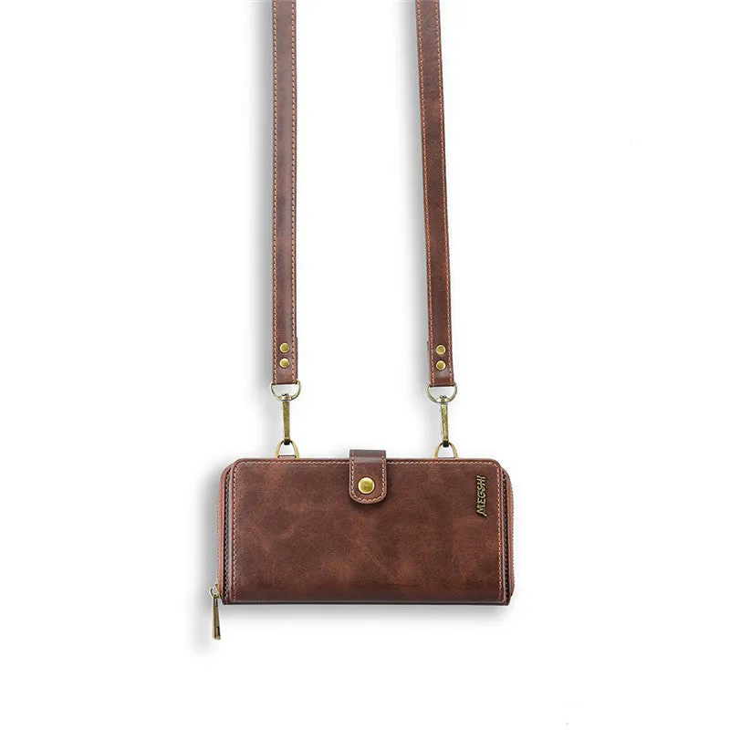 Detachable wallet backpack phone case with leather flip closure in black, blue, brown, or red colours