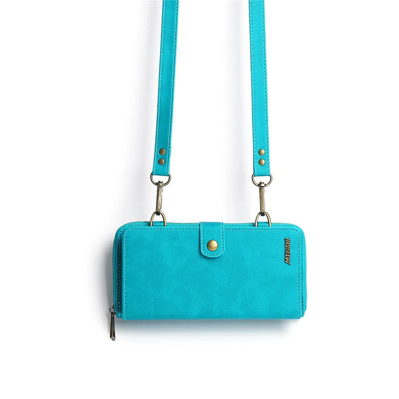Detachable wallet backpack phone case with leather flip closure in black, blue, brown, or red colours