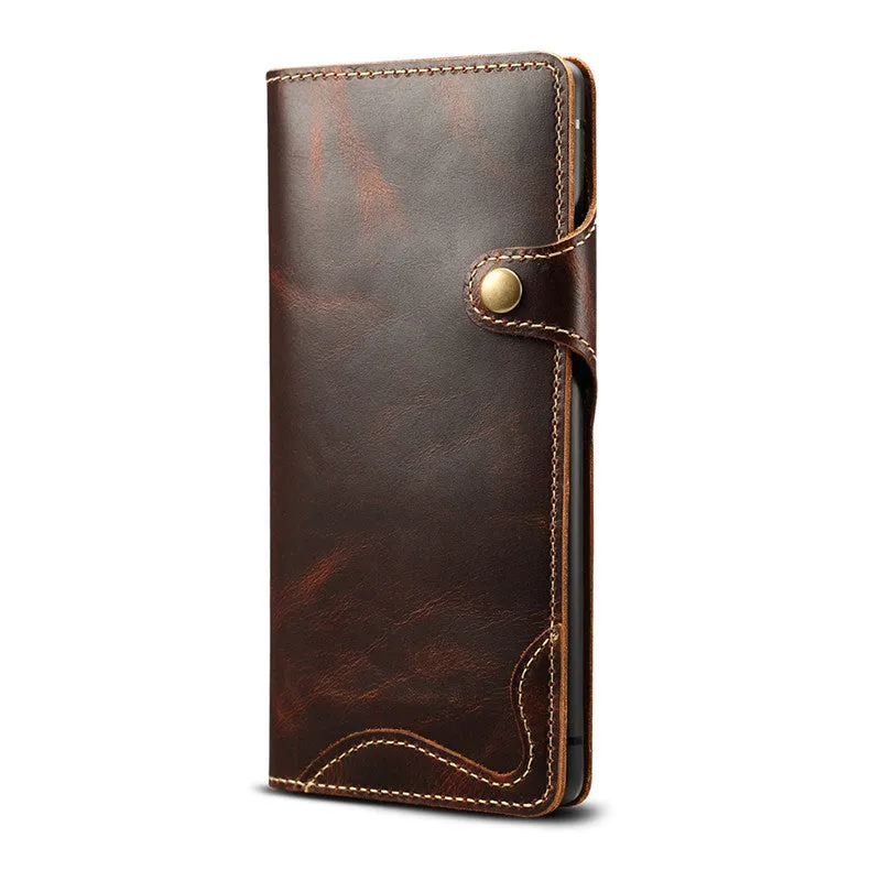 Handmade vintage oil waxed leather phone case with wallet and bracket in clamshell design