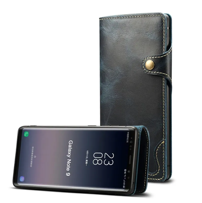 Handmade vintage oil waxed leather phone case with wallet and bracket in clamshell design