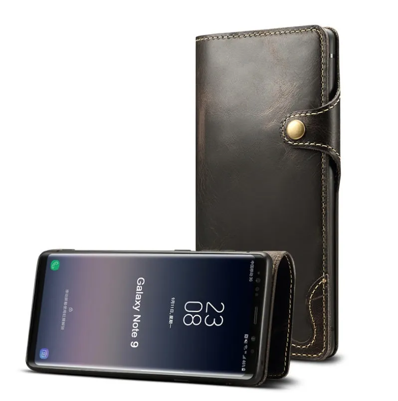 Handmade vintage oil waxed leather phone case with wallet and bracket in clamshell design