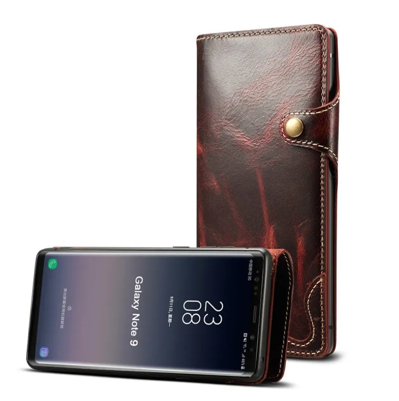 Handmade vintage oil waxed leather phone case with wallet and bracket in clamshell design