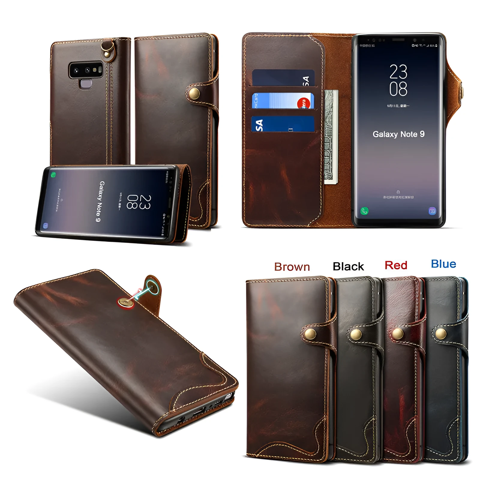 Handmade vintage oil waxed leather phone case with wallet and bracket in clamshell design