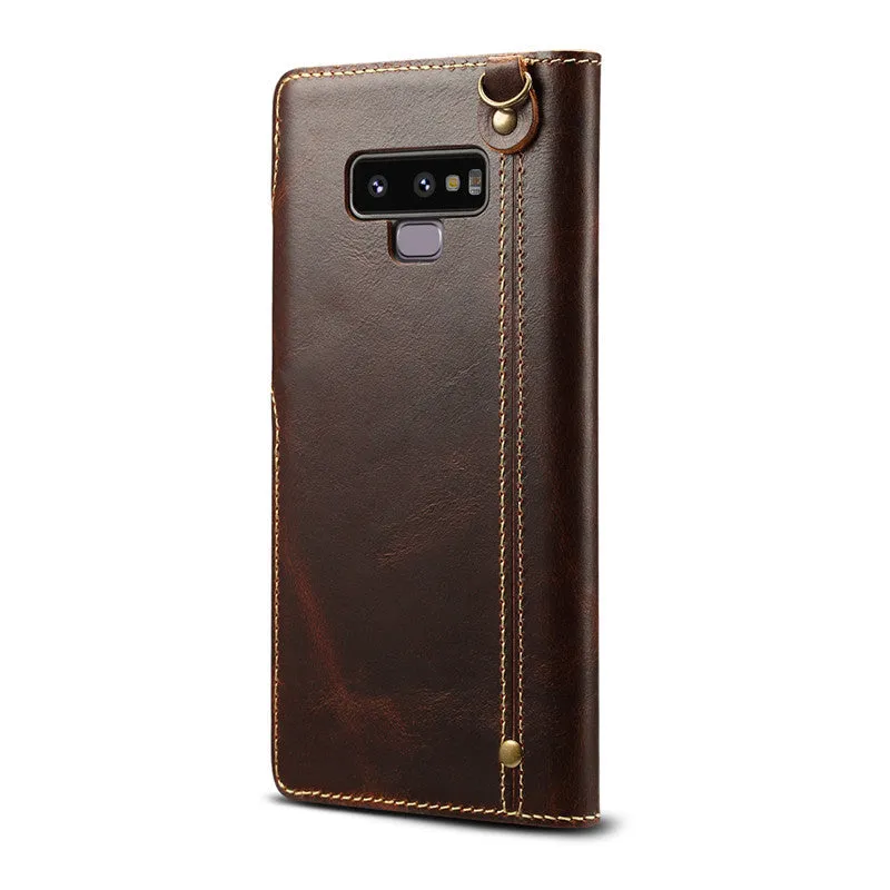 Handmade vintage oil waxed leather phone case with wallet and bracket in clamshell design