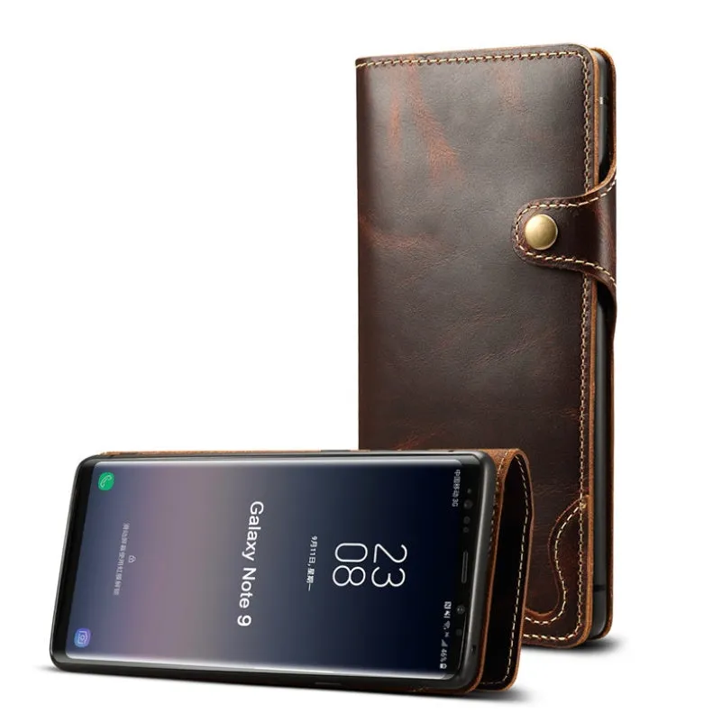 Handmade vintage oil waxed leather phone case with wallet and bracket in clamshell design