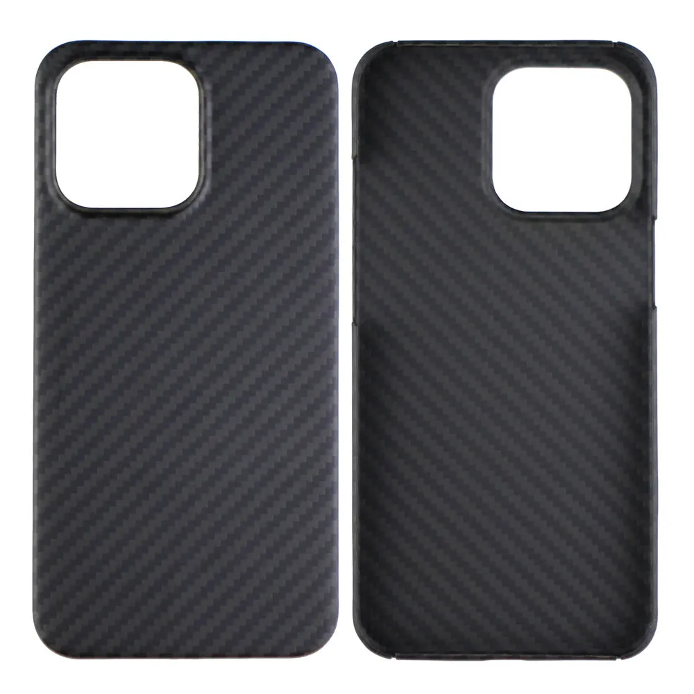 Matte black Kevlar fibre protective case for iPhone showing stripe detail and precise model fit