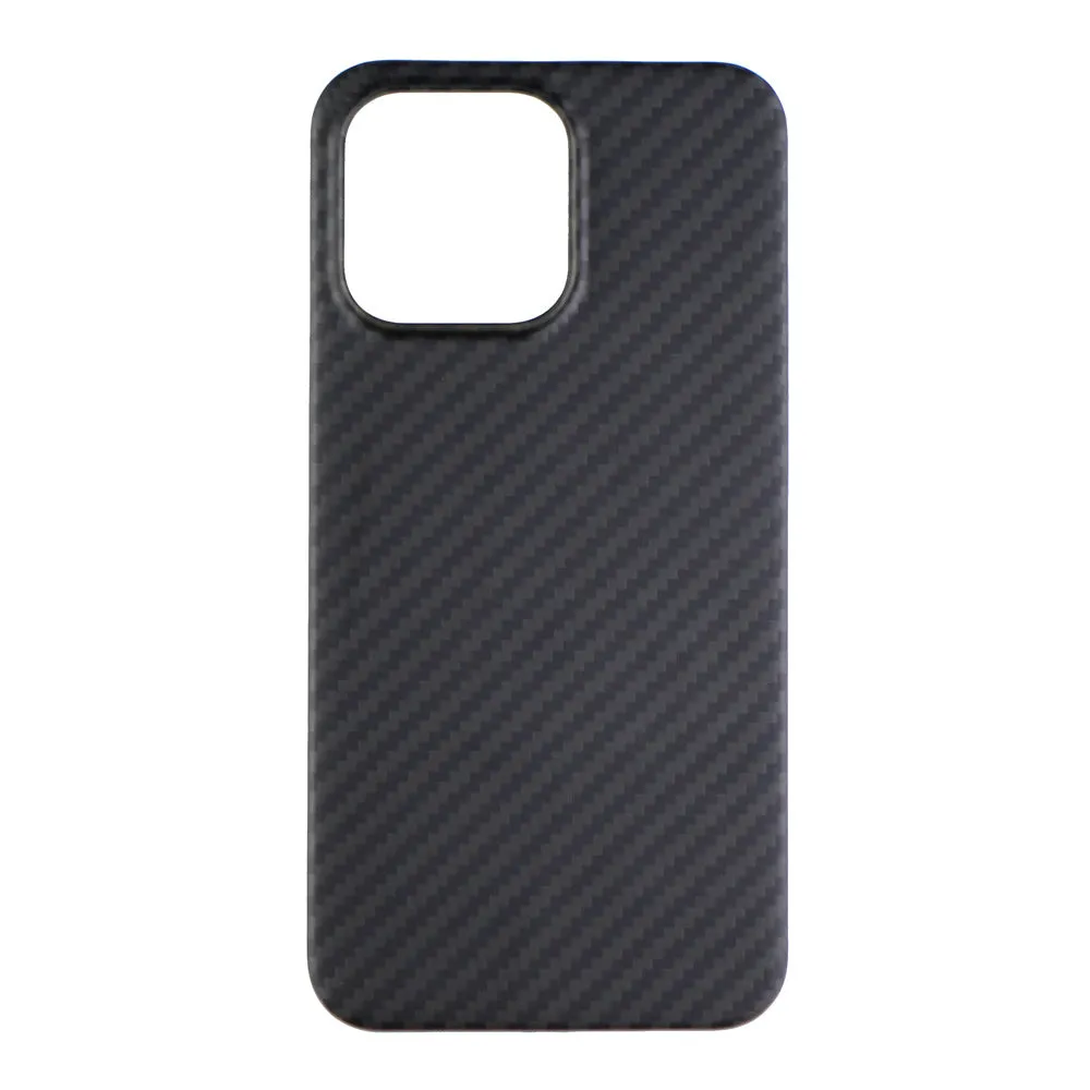 Matte black Kevlar fibre protective case for iPhone showing stripe detail and precise model fit