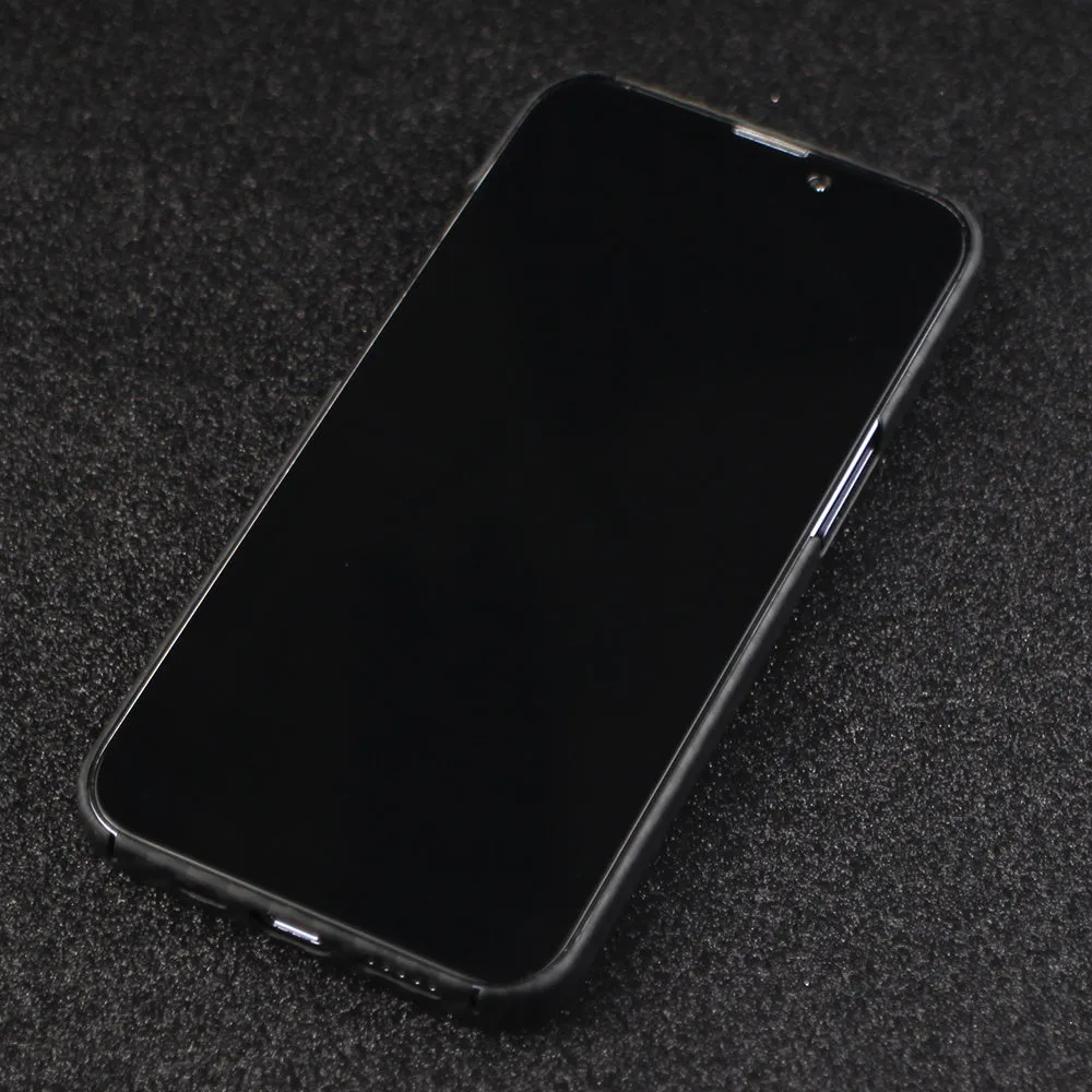 Matte black Kevlar fibre protective case for iPhone showing stripe detail and precise model fit