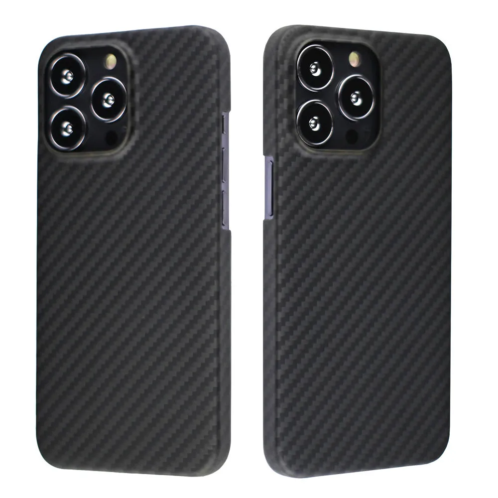 Matte black Kevlar fibre protective case for iPhone showing stripe detail and precise model fit
