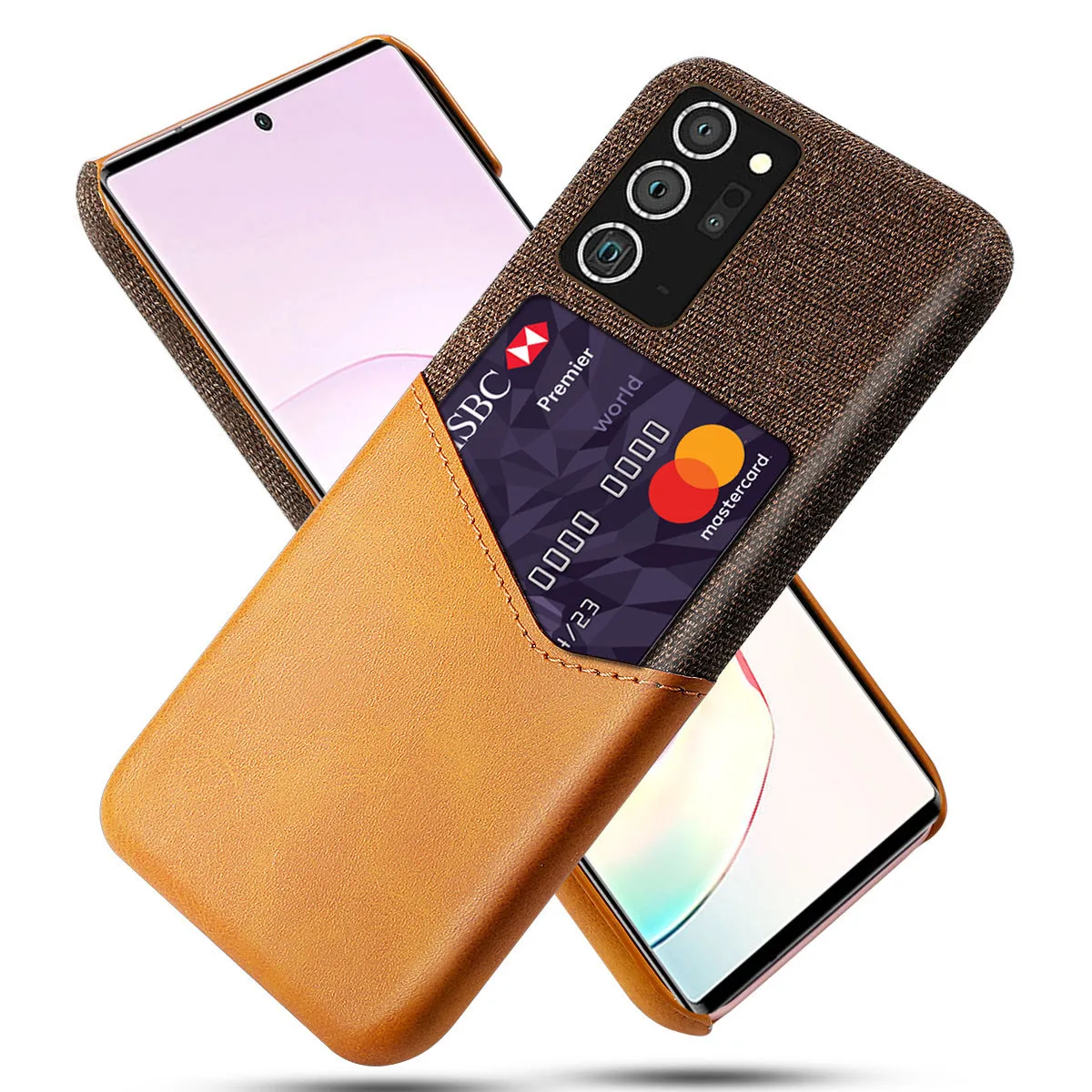 Orange cloth pattern PC-leather phone case with single card slot for Samsung, front view