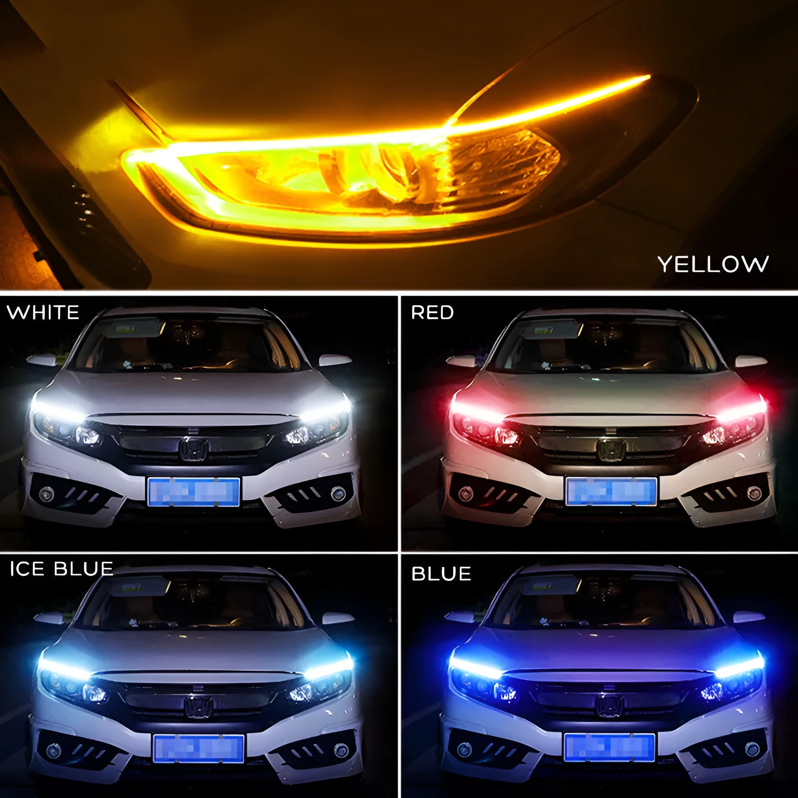 Silicone waterproof car LED light strip showing flowing turn signal effect in blue colour
