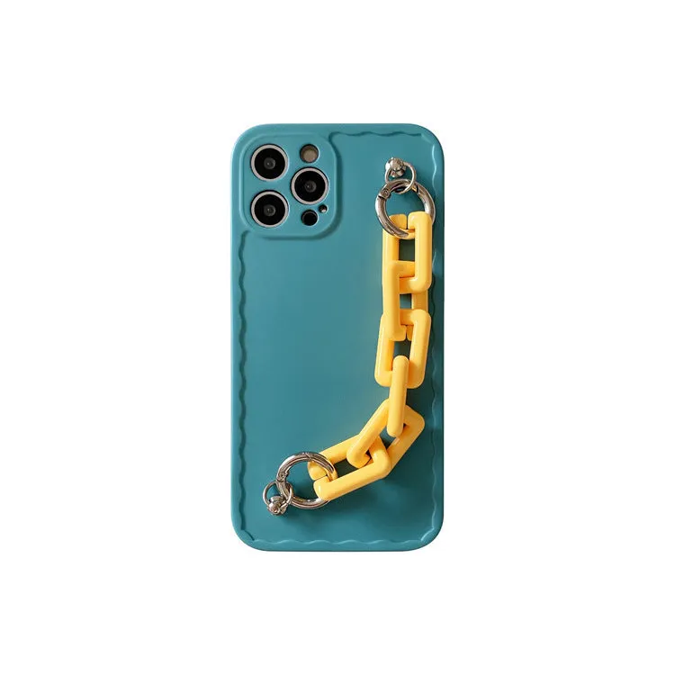 Colourful candy pink and light blue iPhone case with a chain attached to the side.