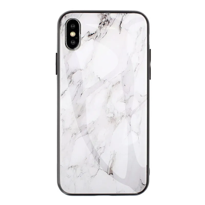 Clear marbled glass design Huawei phone case with cartoon pattern on a table.