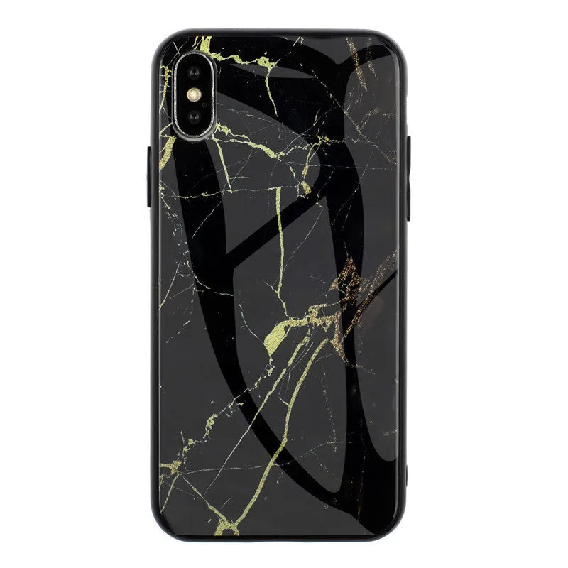 Clear marbled glass design Huawei phone case with cartoon pattern on a table.