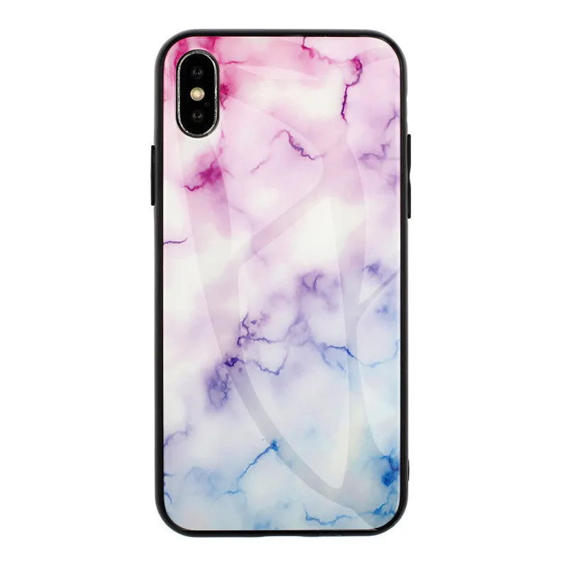 Clear marbled glass design Huawei phone case with cartoon pattern on a table.