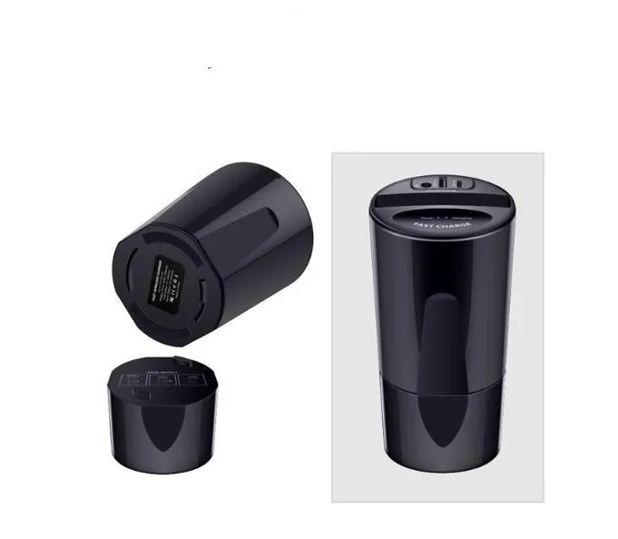 Black X9 car wireless charging cup with detachable base on a car dashboard, showing LED light and phone charging.