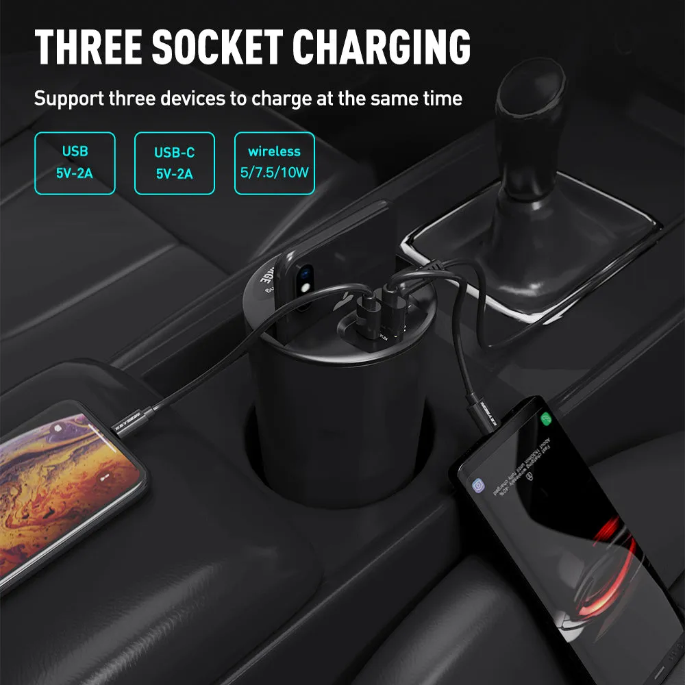 Black X9 car wireless charging cup with detachable base on a car dashboard, showing LED light and phone charging.