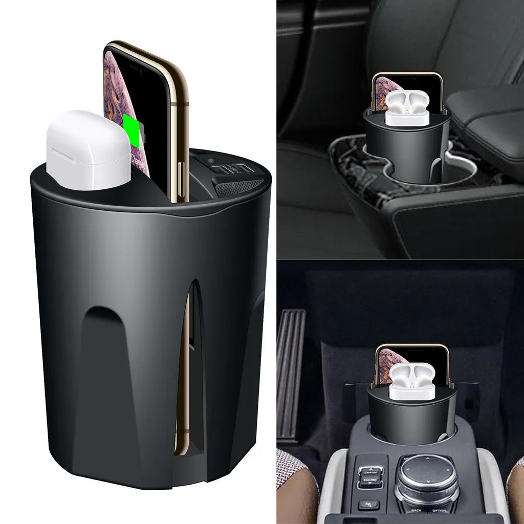 Black X9 car wireless charging cup with detachable base on a car dashboard, showing LED light and phone charging.