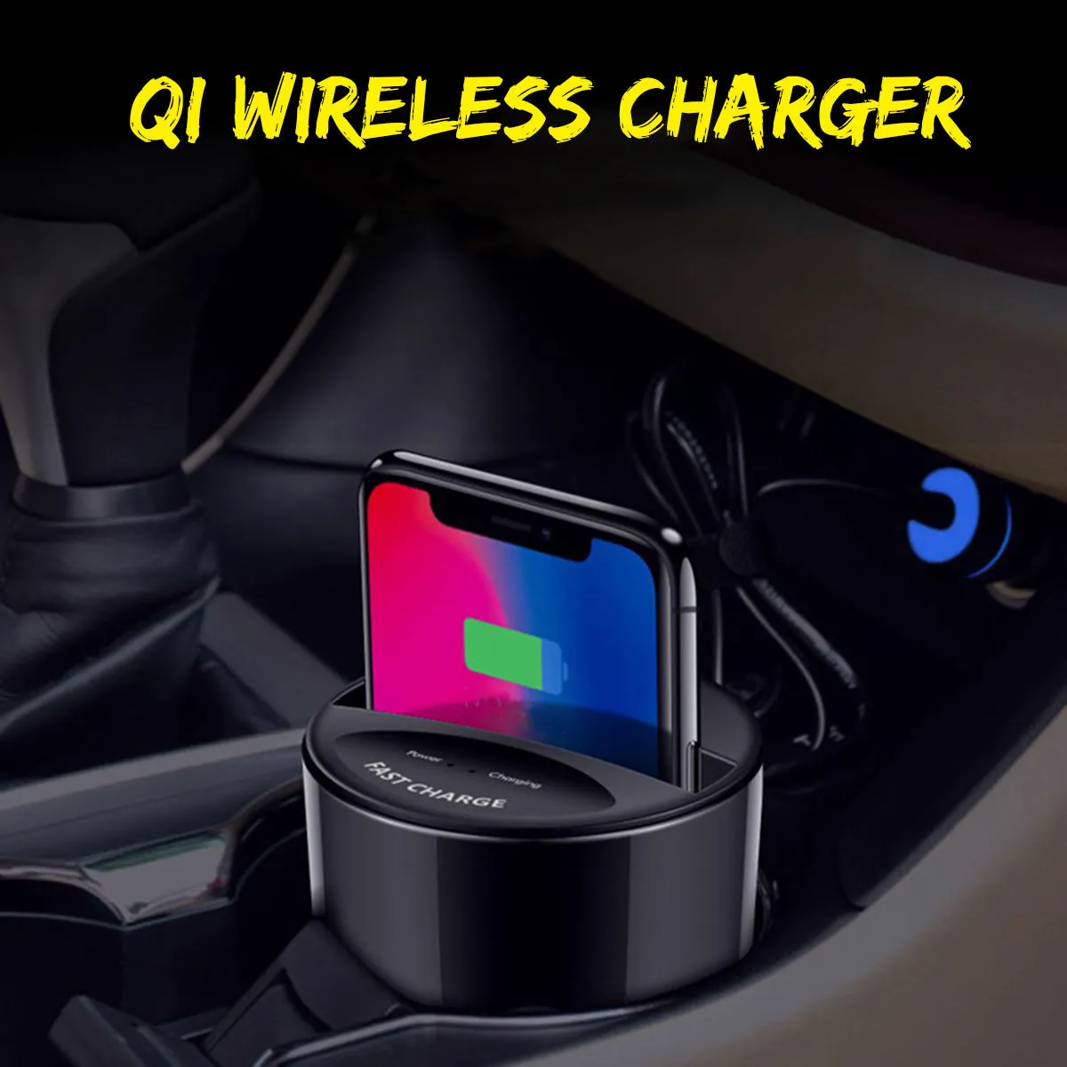Black X9 car wireless charging cup with detachable base on a car dashboard, showing LED light and phone charging.