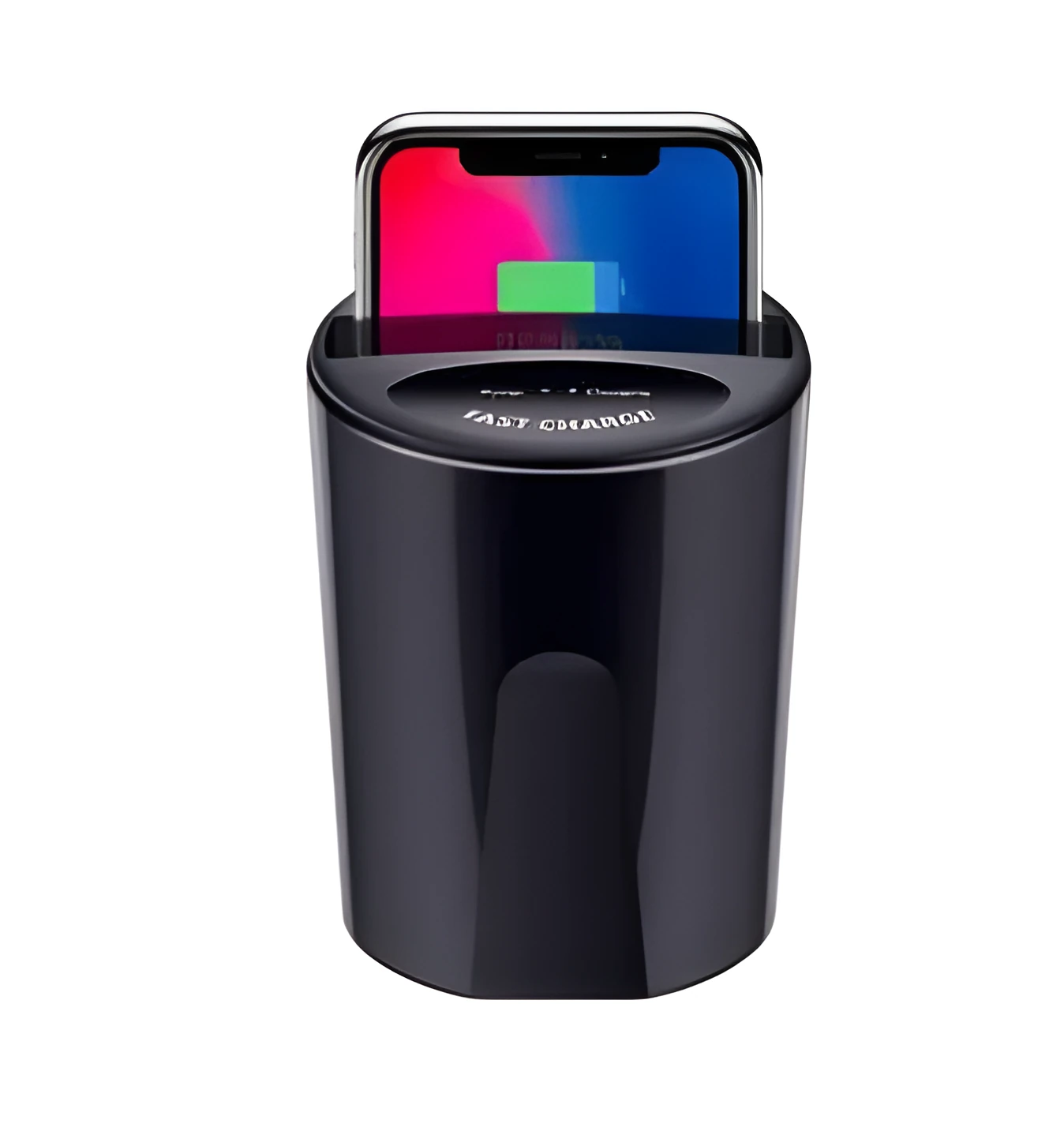 Black X9 car wireless charging cup with detachable base on a car dashboard, showing LED light and phone charging.