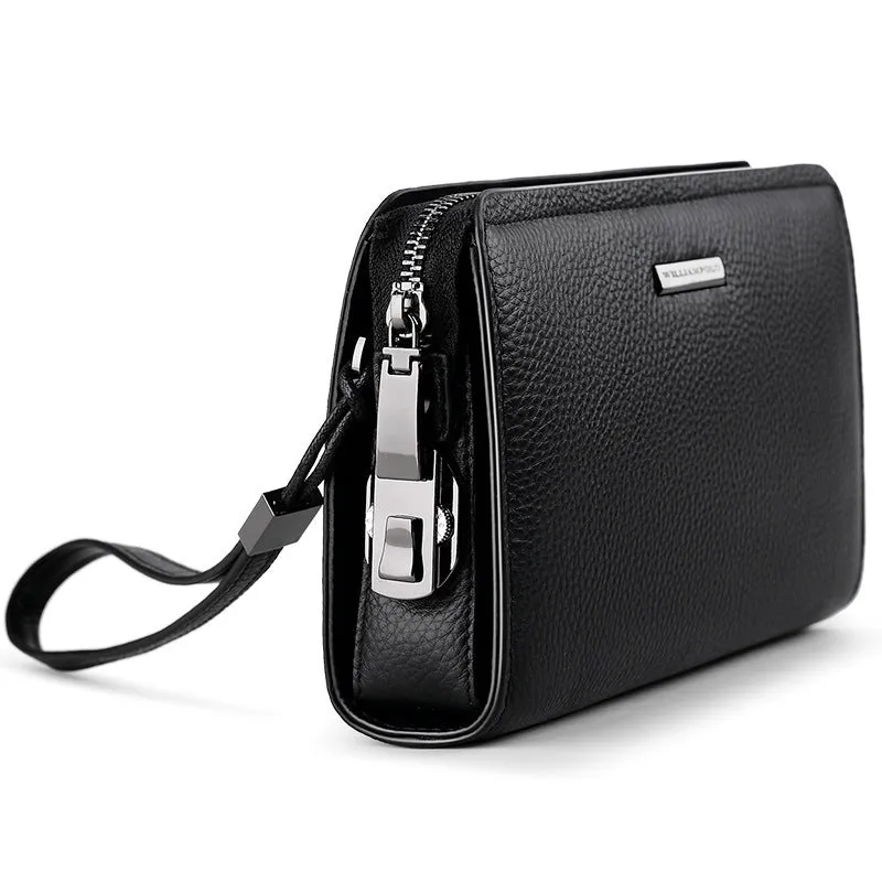 Men's black genuine leather clutch wallet open to show internal card slots, phone pocket, and zippered compartment.