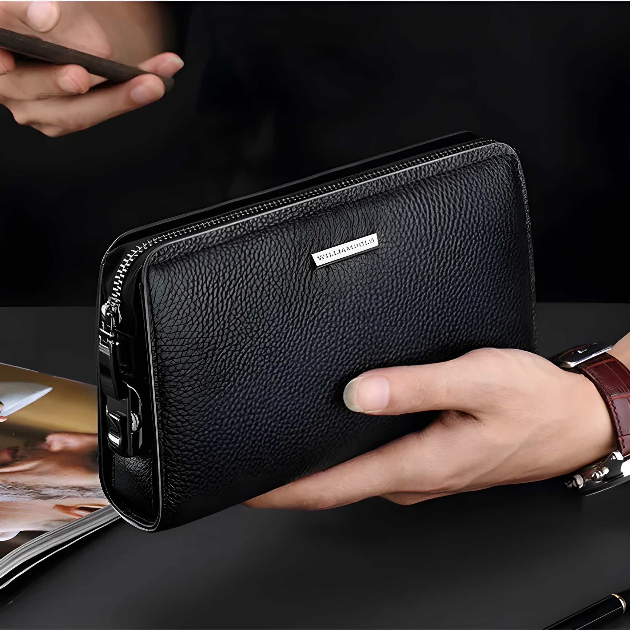 Men's black genuine leather clutch wallet open to show internal card slots, phone pocket, and zippered compartment.
