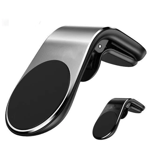 Black universal car phone holder bracket mounted on a car dashboard holding a smartphone.