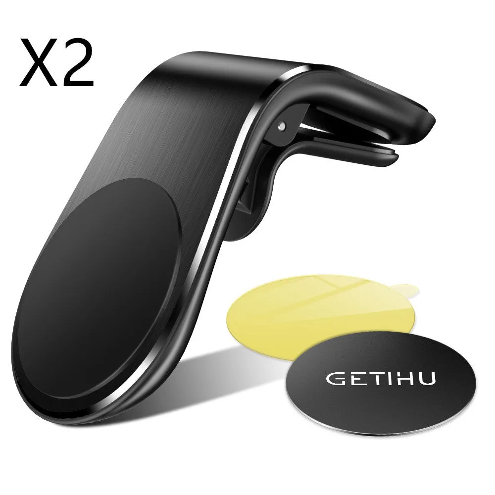 Black universal car phone holder bracket mounted on a car dashboard holding a smartphone.