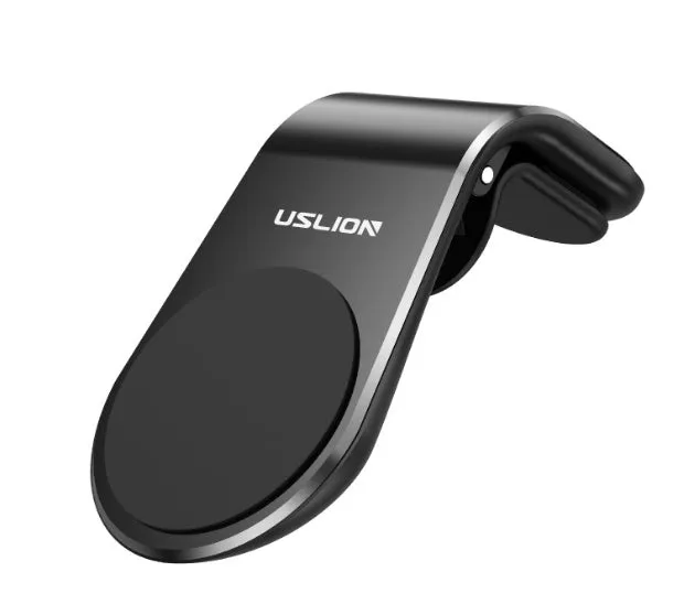 Black universal car phone holder bracket mounted on a car dashboard holding a smartphone.