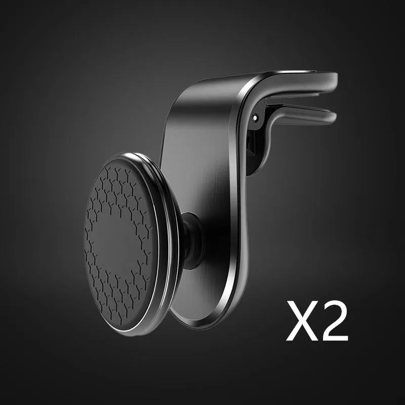 Black universal car phone holder bracket mounted on a car dashboard holding a smartphone.