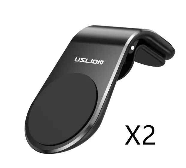 Black universal car phone holder bracket mounted on a car dashboard holding a smartphone.