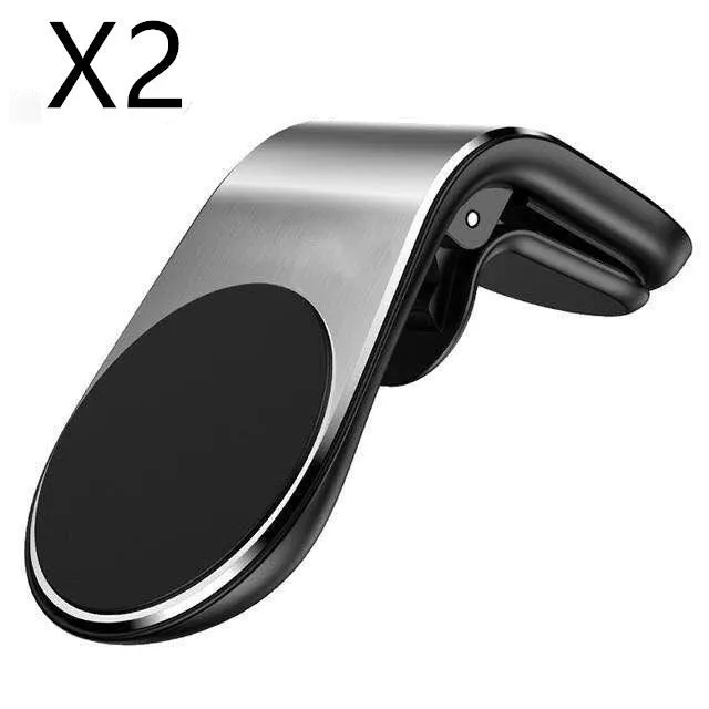 Black universal car phone holder bracket mounted on a car dashboard holding a smartphone.