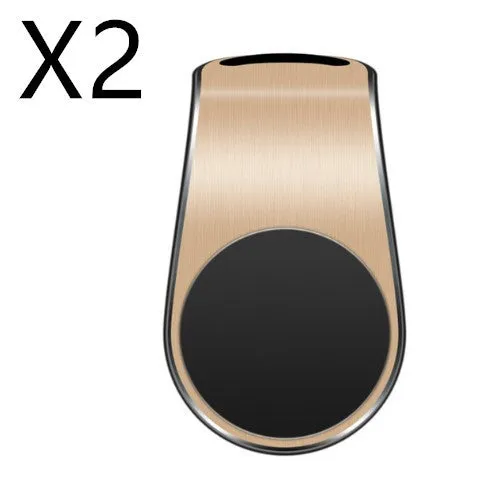 Black universal car phone holder bracket mounted on a car dashboard holding a smartphone.