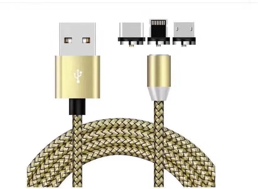 3-in-1 magnetic charging cable with Android, Type C, and Apple connectors in multiple colours