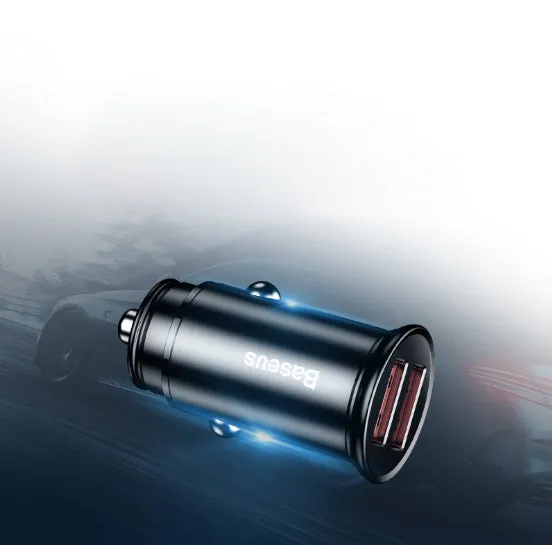 Black aluminium alloy USB car charger showing 4.8A output, next to Red and Silver versions.
