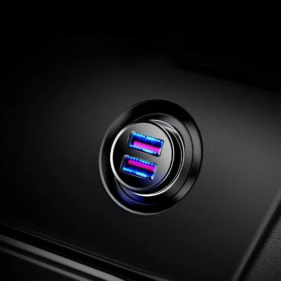 Black aluminium alloy USB car charger showing 4.8A output, next to Red and Silver versions.