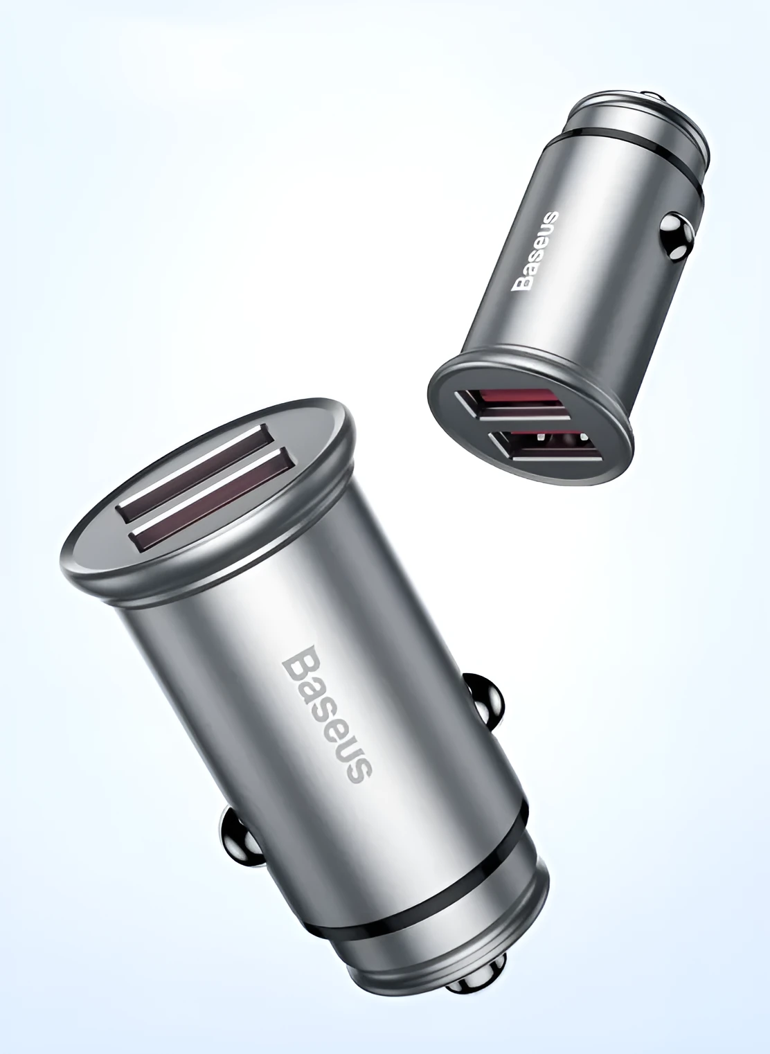 Black aluminium alloy USB car charger showing 4.8A output, next to Red and Silver versions.