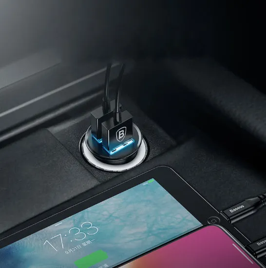 Black aluminium alloy USB car charger showing 4.8A output, next to Red and Silver versions.
