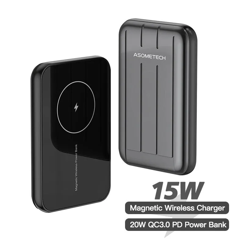 Wireless magnetic power bank for iPhone 12 in blue colour showing charging surface and USB port