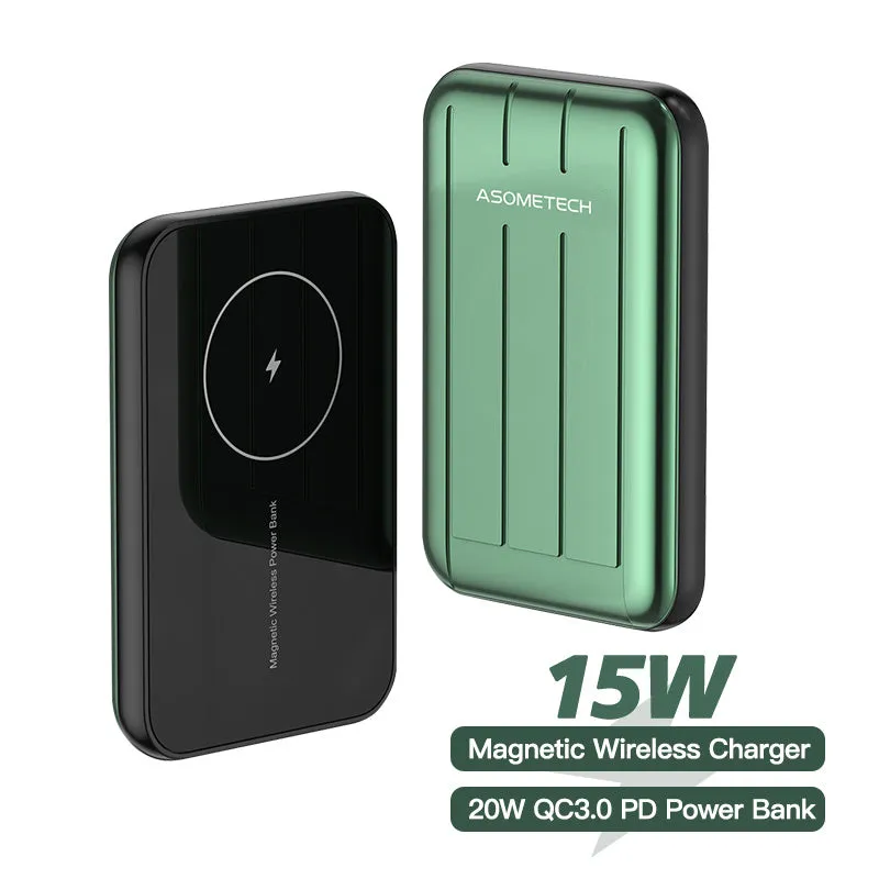 Wireless magnetic power bank for iPhone 12 in blue colour showing charging surface and USB port
