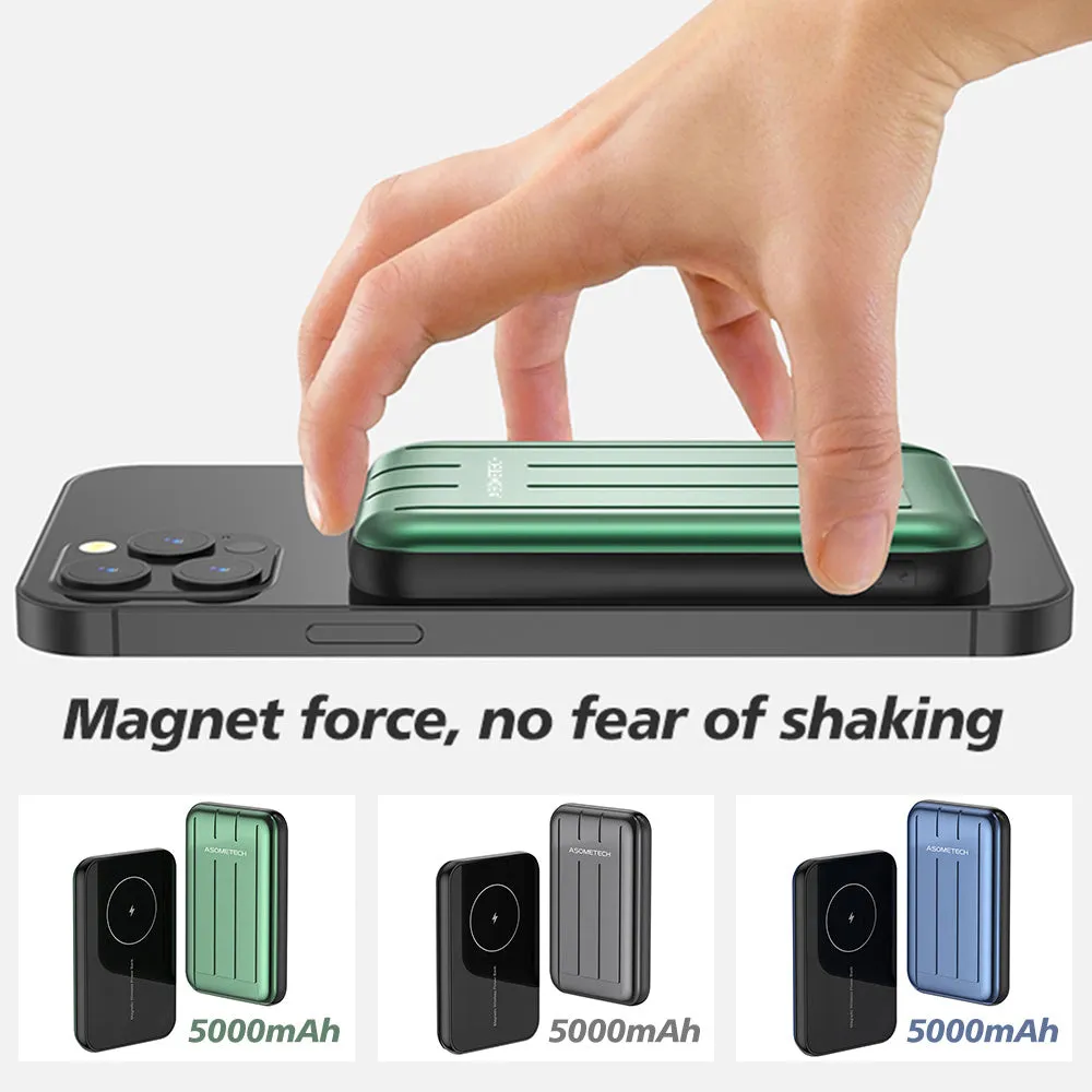 Wireless magnetic power bank for iPhone 12 in blue colour showing charging surface and USB port